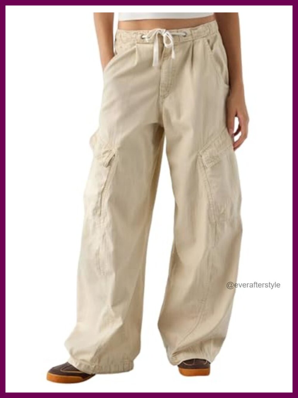 Womens Cargo Barrel Leg Pants Elastic Waist Drawstring Lounge Trousers Pockets